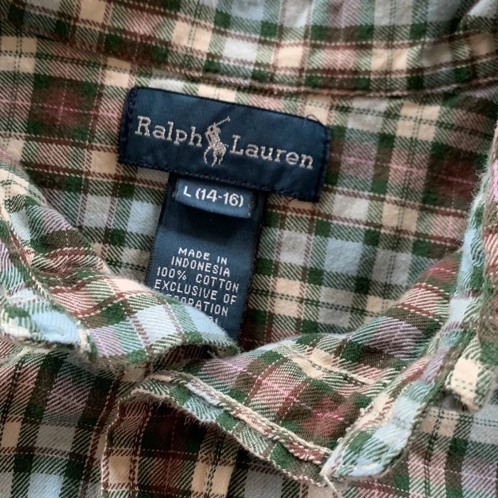 Ralph Lauren Youth Cotton Flannel Button Down Brown & Green Plaid Size Large